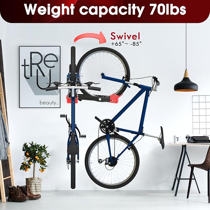 Bike Wall Mount Rack - Heavy-Duty Foldable Vertical Bicycle Storage with Hooks, Space Saving Wall-Mounted Organizer for Mountain/Road/Kids Bikes - Anti-Scratch & Tool-Free Install, Holds 70lbs