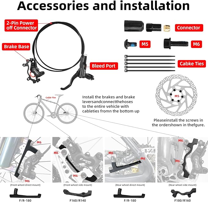 Z00M HB876E 2-PIN 4-Pistons E-Bike Electric Power-Off Hydraulic Brake Set, Pre-Bled with Mineral Oil Brakes Kit for eBike, Mountain Bike, Road Bike