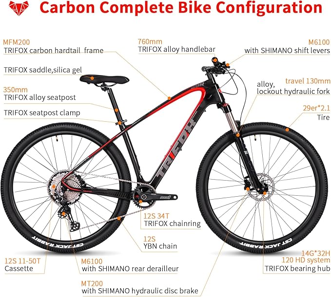 TRIFOX Carbon Fiber Mountain Bike,29er Carbon Mountain Bike with Shimano M6100 Deore Groupset 12-Speed,Carbon Fiber Frame,Hydraulic Fork 130mm Travel,/17/19 inch