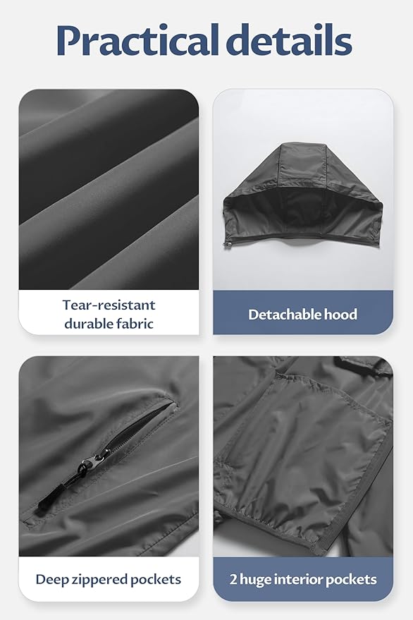 CREATMO US Men's Packable Waterproof Running Rain Coats Reflective Cycling Jacket Windbreaker With Removable Hood