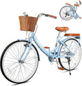 26 Inch Folding Beach Cruiser Bike for Women, 7-Speed Ladies Bike with Basket & Rack, Perfect for City Commuting's Bicycle, Ideal for Women and Adults