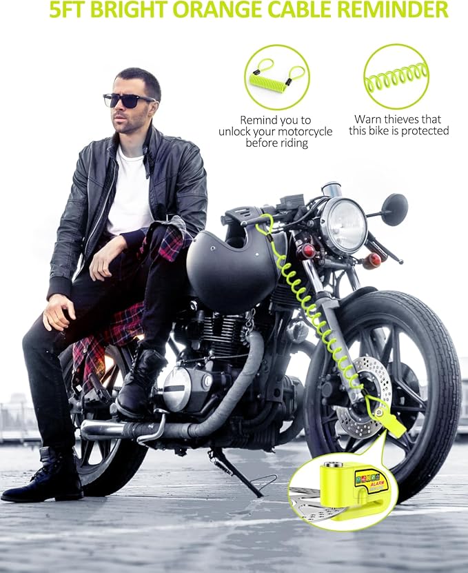 ONVIAN Motorcycle Disc Brake Lock with 120dB Alarm, Rechargeable Waterproof Motorcycle Locks Anti Theft for 7mm Motorcycle Brake Helmet Scooter Wheel Lock 5FT Reminder Cable (Lemon Yellow)