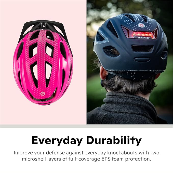 Schwinn Beam Lighted Helmet for Adults, Size 58 - 62 cm for Riders Ages 14+, Rear LED Light, Reflective Strips, Adjustable Dial and Straps, 17 Air Vents, Removable Visor, Adult Bike Helmet