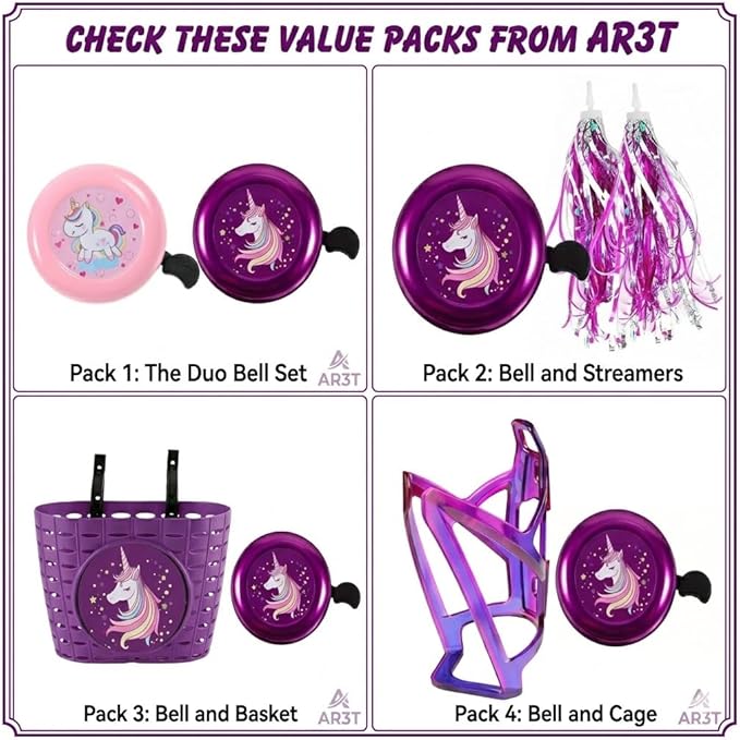 Kids Bike Bell with Streamers, Purple and Green, Unicorn and Dinosaur Theme, Bicycle Accessories