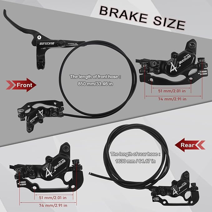 BUCKLOS MTB 4 Pistons Hydraulic Disc Brake Set, Mountain Bike Left Front 850 mm Right Rear 1630 mm Bicycle Disk Break Aluminum Alloy Caliper Lever for Ebike/Folding Bicycle/Fat Bike HD-M735(Pre-Bled)
