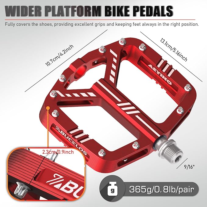 BUCKLOS MTB Flat Pedals Mountain Bike Pedals, 3 Bearings CNC Adult Road Bike Pedals, Bicycle Platform Aluminum Alloy Non-Slip Pedal for Gravel Bike/BMX 9/16"(Black)