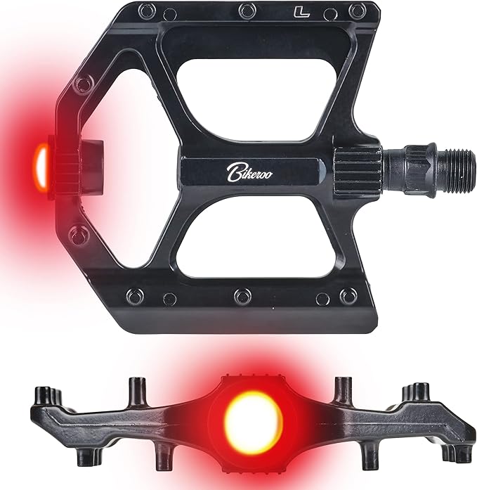 Bikeroo Black Light Up Mountain Bike Pedals for Night Morning, MTB Platform w/Grip Pins, All Metal Construction, 9/16" Spindle