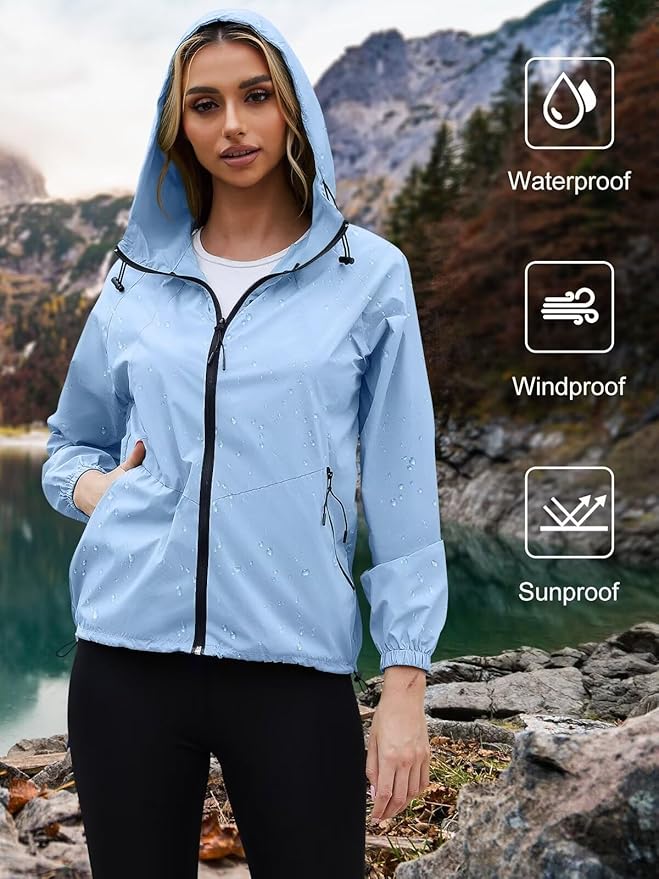 PITINAN Lightweight Rain Jacket Women Packable Wind Breaker Light Rain Jacket Women Waterproof Travel Raincoat S-XXL