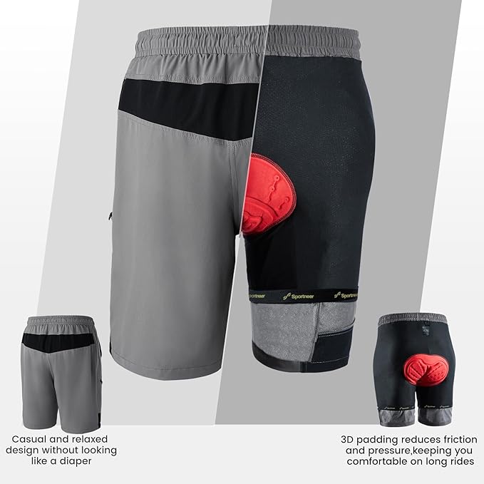 Sportneer Bike Shorts for Men: 3D Padded Lightweight Riding Biking Cycling Mountain Bike Shorts for Men with Zipper Pockets