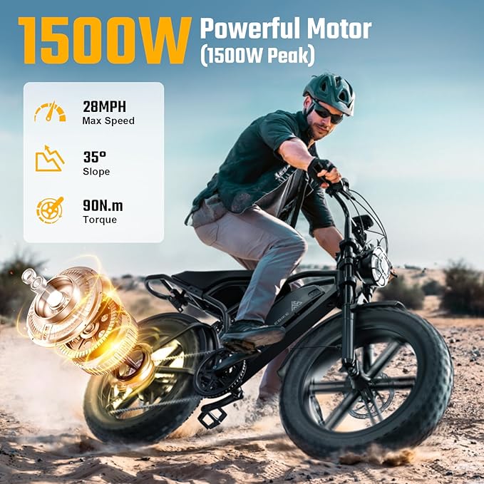TST Electric Bike for Adults, 1500W Peak Motor 28 MPH 60/100 Miles Fat Tire Ebike with 48V 15Ah/25Ah Removable Battery 20" Electric Dirt Bike Full Suspension and 7-Speed