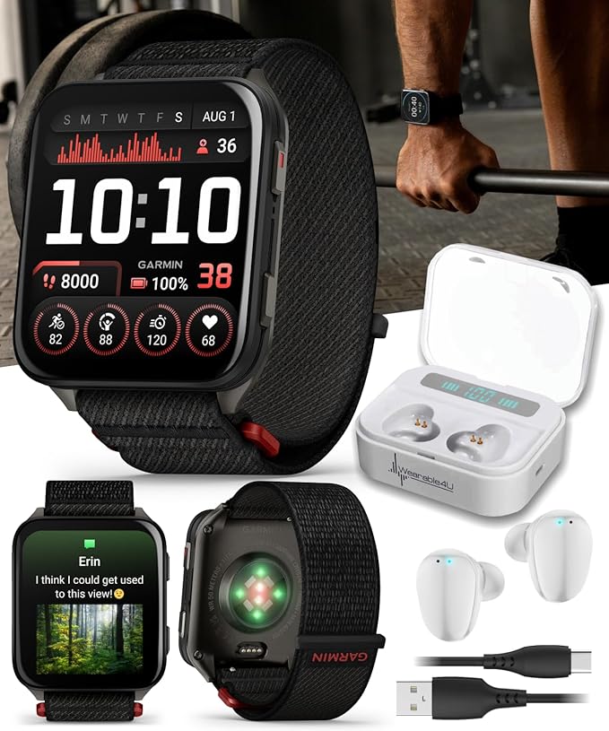 Wearable4U Garmin Venu X1 Thin and Lightweight GPS Smartwatch, AMOLED Display, Black with Slate Titanium Comfort Fit Nylon Band White Earbuds Bundle