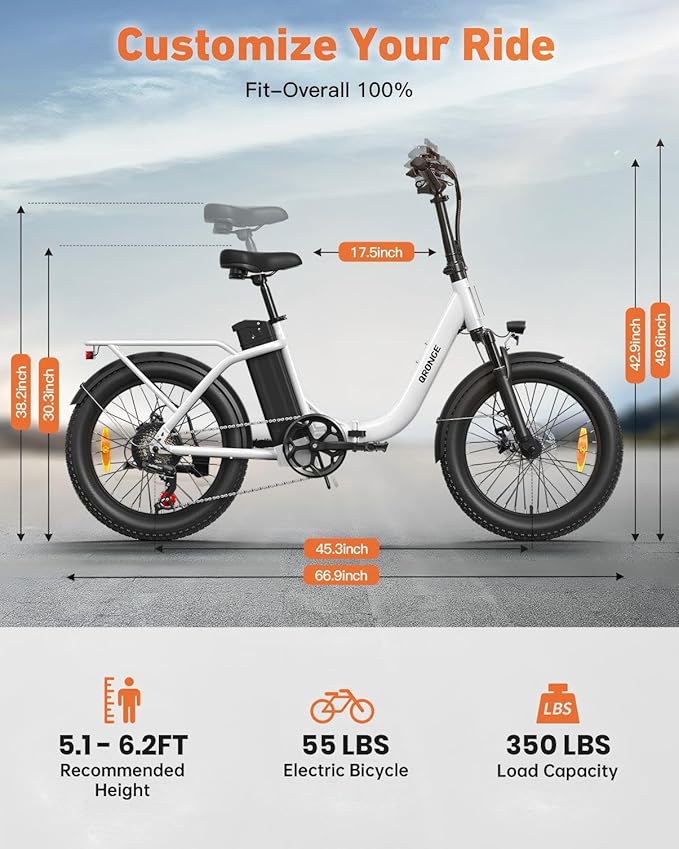 Electric Bike, 1000W Peak Folding Electric Bike, 486Wh 70 Miles Range Ebike, Waterproof Removable Battery, 7 Speed, 25 MPH Max, 20" Step-Thru Bicycle with Front Basket