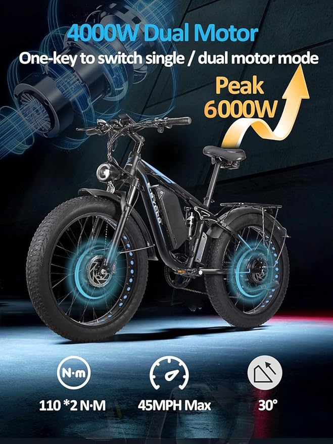 6000W Electric Bike for Adults, 52V 32AH Dual Motor E-Bike, Up to 100Mile & 45MPH All-Terrain Fat Tires Full Suspension 24/26 Inch Electric Bicycles Hydraulic Disc Brake for Road UL2849 by SGS