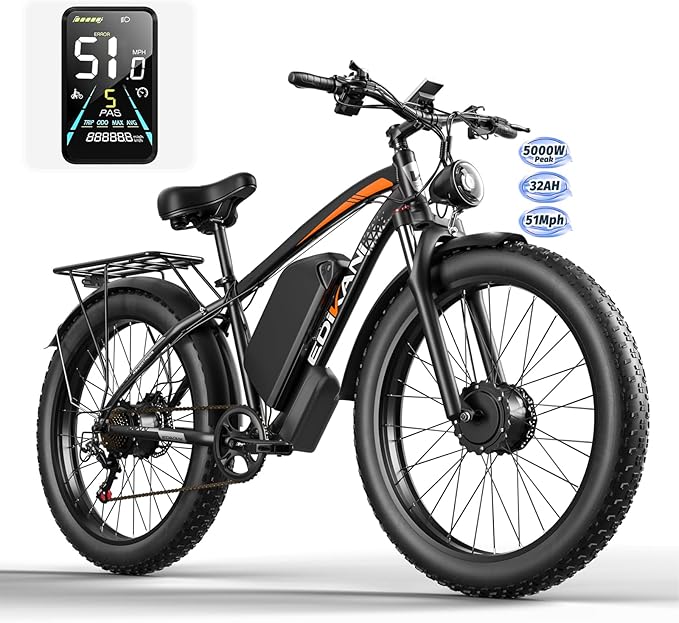 E Bikes for Adults Electric,51 MPH/48 MPH Fast Ebike Peak 5000W/3000W 32AH 52V 130 Miles Max, Dual Motor Electric Bike Fat Tire E Bike for Men, 26" Electric Bicycle for Snow Off-Road, Hydraulic Brakes