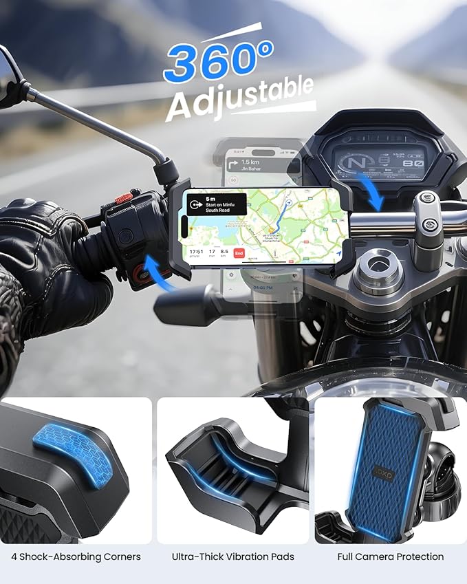 Motorcycle Phone Mount - [Dual Vibration Dampener] Anti-Shake Bike Phone Holder, [Upgrade Handlebar Clip] Bicycle Motorbike Phone Mount for iPhone 17/16/15/14/13 Pro Max, 4.7–7" Phones, Black Red