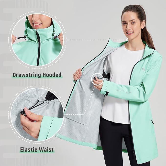 baleaf Women's Long Rain Coat Packable Waterproof Windbreaker Lightweight Cycling Jacket with Hood