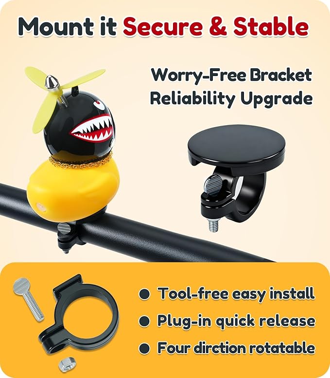 Rubber Duck Bike Decorations [New Stable Clamp Mount] Cute Squeak Duck Bike Bell [Two Helmet Propeller] Funny Bike Accessories E Scooter Motorcycle Cycling Gifts
