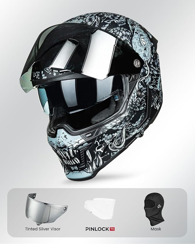 ILM Motorcycle Helmets for Adult Men Women Full Face DOT ECE Powersports Dual Visor Street Racing Helmet with Pinlock Cascos para Motos Model MF509 (Mythology Silver, XL)