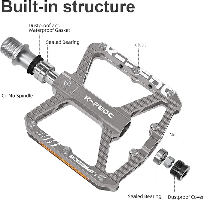 Mountain Bike Pedals MTB Pedals,Bicycle Pedals with Reflectors,Aluminum 9/16" 3 Sealed Bearing Lightweight Platform for Mountain Bike, BMX, Road Bike Pedals