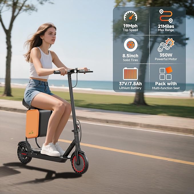 Folding Electric Scooter for Adults with Seat- 19MPH & 21-Mile Range, 350W Motor, 8.5" Solid Tires with App Control & Dual Brake System - UL2272 Certified Commuter E-Scooter