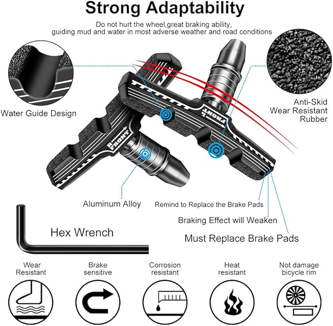 Bike Brakes Pads Set, Brakes Kit, Road Mountain Cycle Bicycle Rubber Universal V-Brake Blocks Shoes with Hex Nut Tools and Shims, No Noise No Skid, 70mm, Fits Most Bikes MTB City Folding Bike Pads
