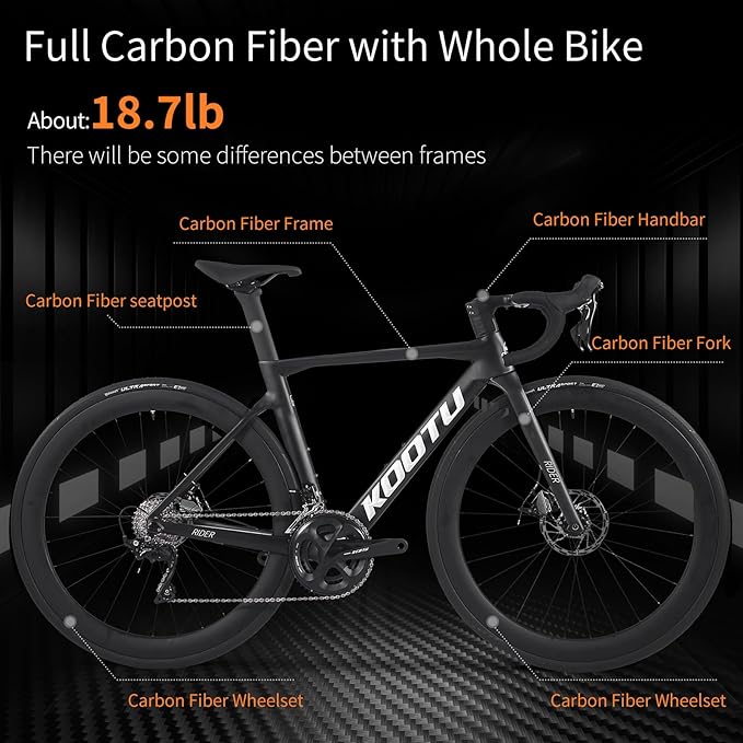 KOOTU Full Carbon Road Bike, T800 Carbon Fiber Frame Lightweight Racing Bicycle with 105 R7000 22 Speed Groupset and Wire-Pull Disc Brake for Adult