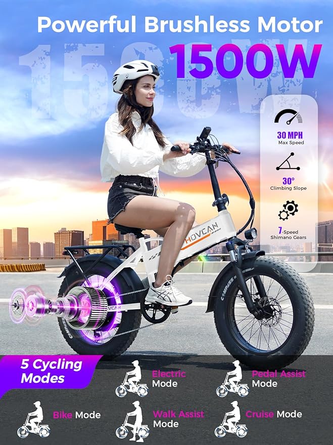 Movcan Q20 Folding Electric Bike, 52V 15.6Ah Removable Concealed Battery 20” Fat Tire Dirt Bike,1500W Motor 30 MPH Top Speed E Bikes, 7 Speed Dual Hydraulic Brake Electric Bikes for Adults