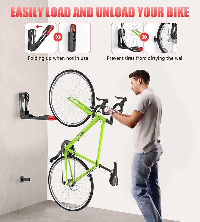 Swivel Bike Wall Mount 2 Pack Bike Rack for Garage, No Heavy Lifting Required Wall Bike Hangers Can Holds up to 77 lbs (Black & Red)