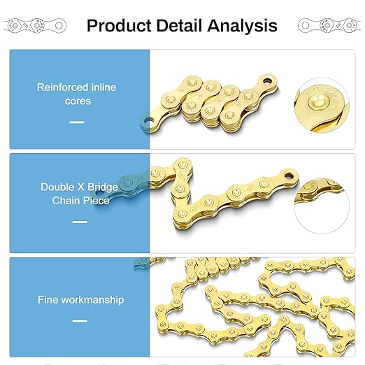 Gold 6/7/8 Speed Bike Chain, 1/2x3/32 Inch, 116 Links, Alloy Steel, Triple Strand, Suitable for Road, Mountain, Racing Bikes
