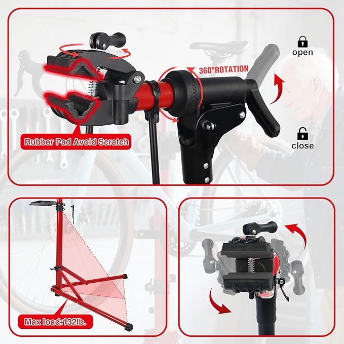 Bike Repair Stand (Max 132 lbs) - Foldable Bike Stand for Maintenance of Road Bike & Mountain Bike,Bicycle Repair Stand for E-bikes with Super-strong Tube,Height Adjustable Portable Bicycle Heavy Duty Mechanics Workstands (Red（MAX LOAD:132LBS）)