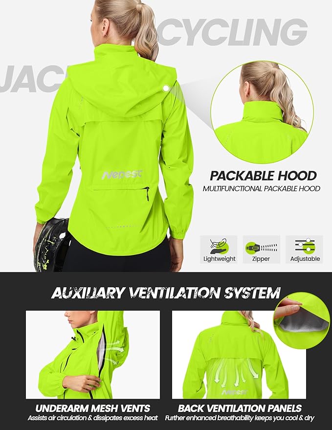 Nepest Womens Cycling Rain Jackets Lightweight Waterproof Biking Running Windbreaker UPF 50+ Reflective Packable Hooded