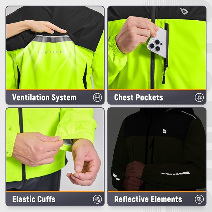 baleaf Men's Rain Jacket Waterproof Windbreaker Raincoat Running Cycling Hiking Gear Hood Lightweight Reflective Packable