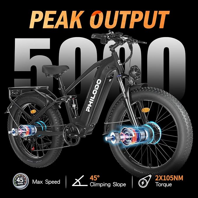 5000w Dual Motor Electric Bicycles, 60V Battery E-Bike with 45 MiIe P-Hour Electric Bike for Adults, 26 Fat Tire Hunting Ebike for All Terrain, Full Suspension Electric Ebike