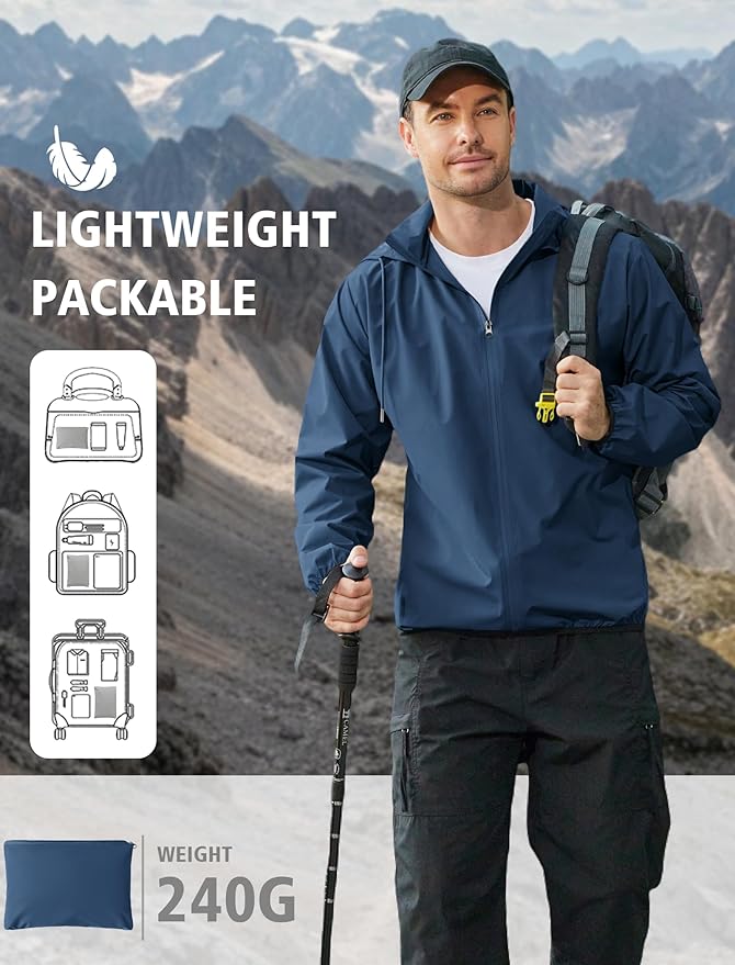COOFANDY Men's Light Rain Jacket with Hood Packable Waterproof Raincoat Golf Rain Gear Travel Hiking Windbreaker