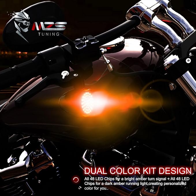 MZS 1157 LED Bulb Motorcycle Turn Signals Running Light Kit, Amber Upgraded LED Beads 2" Bullet Style with Dual Color Front or Rear Compatible For Most Family Motorcycles-Pack of 2