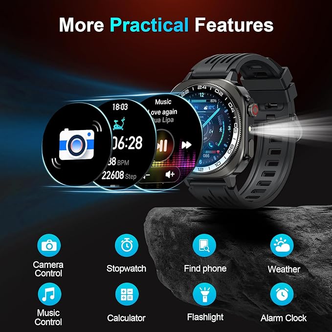 Military Smart Watches for Men(Answer/Make Call), AMOLED 1.43" Smartwatch, Flashlight/130+ Sports/Heart Rate/Sleep Monitor/Fitness Activity Tracker, IP68 Waterproof Fitness Watch for Android iOS