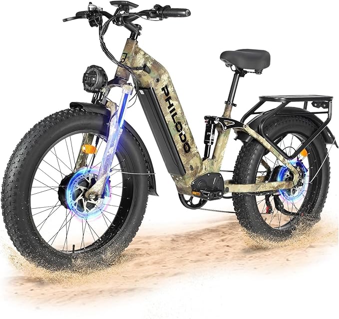 PHILODO Electric-Bike for Adults, Dual-Motor-Ebike Hunting-Ebike 5000W, 60V 32AH Long Range Dirtbike, Fat-Tire-Electric-Bicycle, Full Suspension for Off-Road Snow Sand