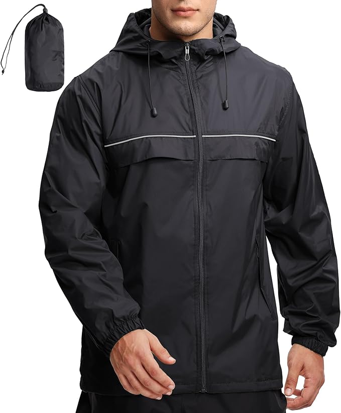 GEEK LIGHTING Rain Jacket Men Lightweight Waterproof Jackets Packable Windbreaker Hooded Raincoat for Golf Cycling Outdoor