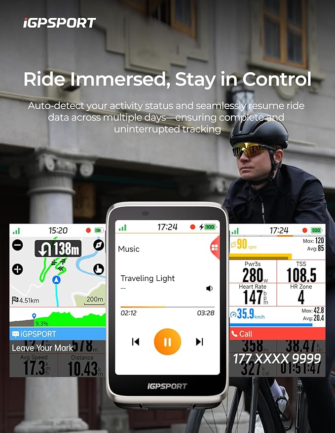 iGPSPORT BiNavi Bike Computer, 3.5‘’ Touch Screen Map Navigation Music Control Climb Tips, Wireless GPS Cycling Computer