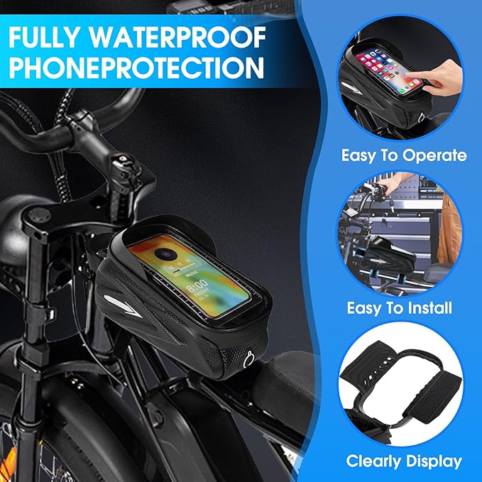 Hard Shell Frame Bag Compatible Fit for Ridstar Q20/Q20 Pro Lite EBike, Waterproof Phone Mount Pouch,Top Tube Storage Bag,Headphone Cable Hole