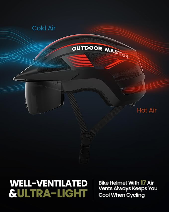 OutdoorMaster Adult Bike Helmet - Bicycle Helmet with Rechargeable Rear LED Light, Detachable Magnetic Goggles, Removable Sun Visor - Suitable for Commuting and Cycling for Men and Women