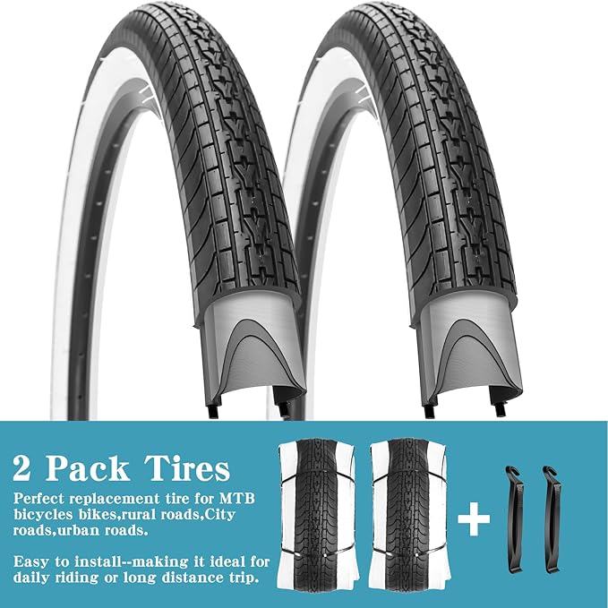 SIMEIQI 26x2.35 20x2.35 Inch Cruiser Beach Bike Tire Black White Wall or Brown Cream Wall Folding Replacement Bicycle Tire for Hybrid City Commuter Trail