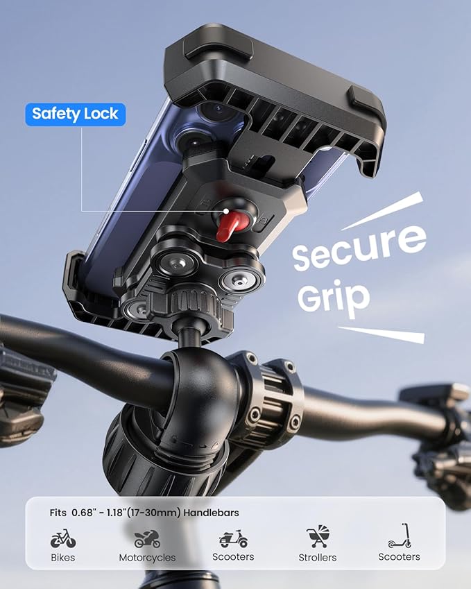 Motorcycle Phone Mount - [Dual Vibration Dampener] Anti-Shake Bike Phone Holder, [Upgrade Handlebar Clip] Bicycle Motorbike Phone Mount for iPhone 17/16/15/14/13 Pro Max, 4.7–7" Phones, Black Red
