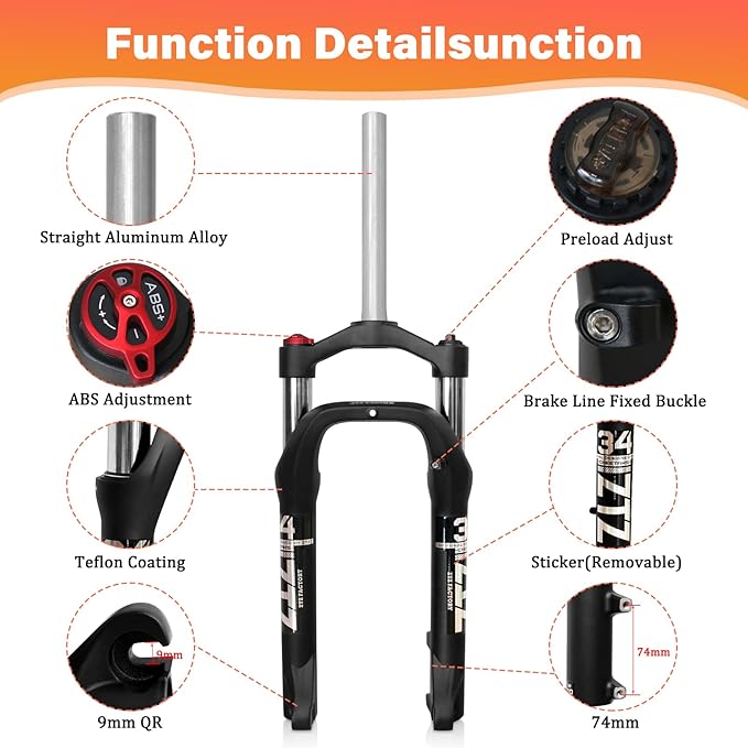 ZTZ 20 * 4.0 inch Fat Tire Oil Spring Suspension Fork - 100mm Travel, 135mm Spacing Hub, 9mm QR, Crown Lockout, Fat Tire Bike Front Fork, Fit for Snow Beach XC Mountain Bikes