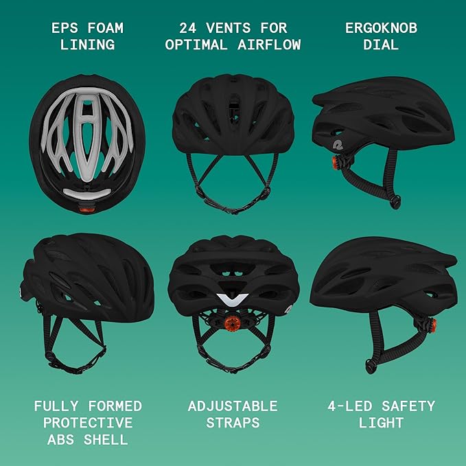 Retrospec Silas Road Bike Helmet with 24 Air Vents & Built-in LED Safety Light - Adjustable Adult Cycling Protection 54-61cm - Padded & Lightweight Design