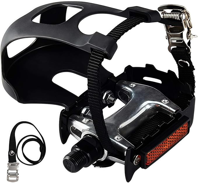 YBEKI Pro-Grade Spin Bike Pedals with Toe Clips & 4D Adjustable Straps - 9/16" Alloy Spindle for Mountain Road Bikes/Peloton/Schwinn/Sunny Bikes | 500lb Load Capacity + 12-Month Warranty