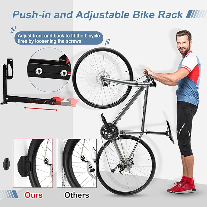 Wall Mount Bike Rack,No Lift MTB Road Bike Storage Rack Hanger Garage Indoor Space Saving,Heavy Duty Metal Bicycle Rack Holder Adjustable Size w/Extendable Storage Hook
