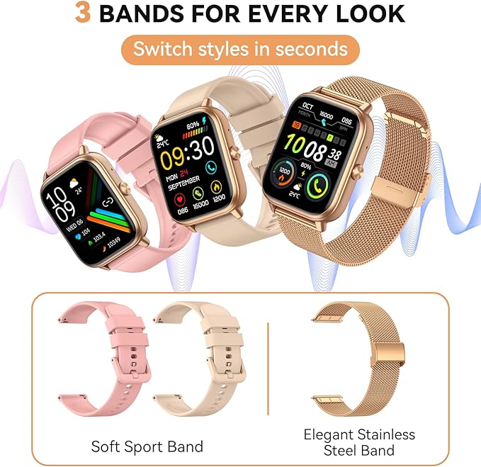 Smart Watch for Women Men- 1000mAh Battery Answer/Make Call, Fitness Step Tracker Watch with Sleep Monitor/Activity Counter/110+ Sport Mode for Andriod iPhone iOS Compatible - 3 Straps, Golden