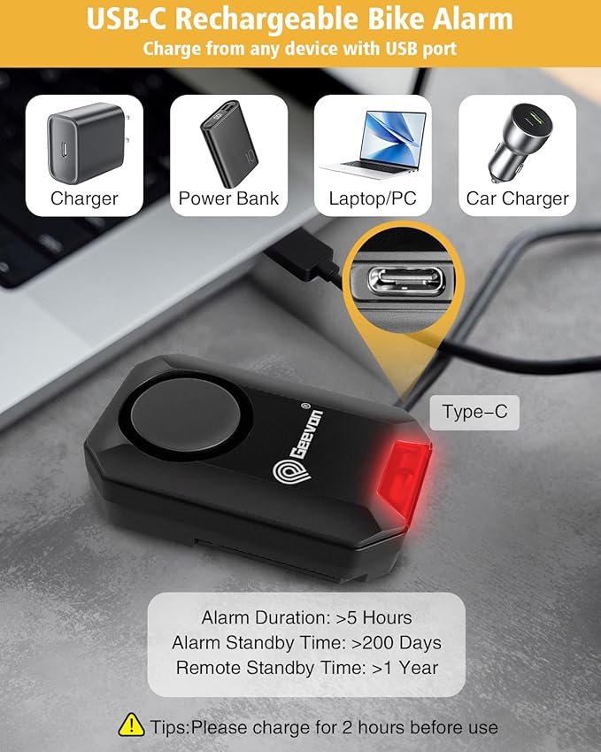 Geevon Bike Alarms for Ebikes, Wireless Bike Alarm with Remote, 135dB Anti-Theft Bicycle Motorcycle Alarm Wireless Security Sensor Alarms, IPX5 Waterproof