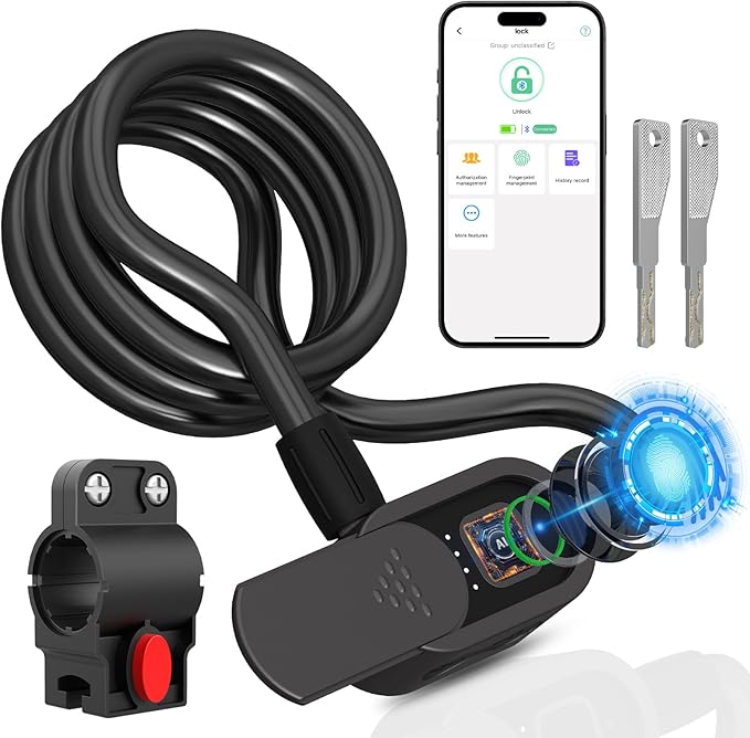 Eseesmart Fingerprint Bike Lock with Keys, 4.92 Feet Cablelock Electric Scooter Lock Heavy Duty Anti Theft Waterproof with Mounting Bracket, Bike Accessories for Bicycle, Electric Scooter, Motorcycle